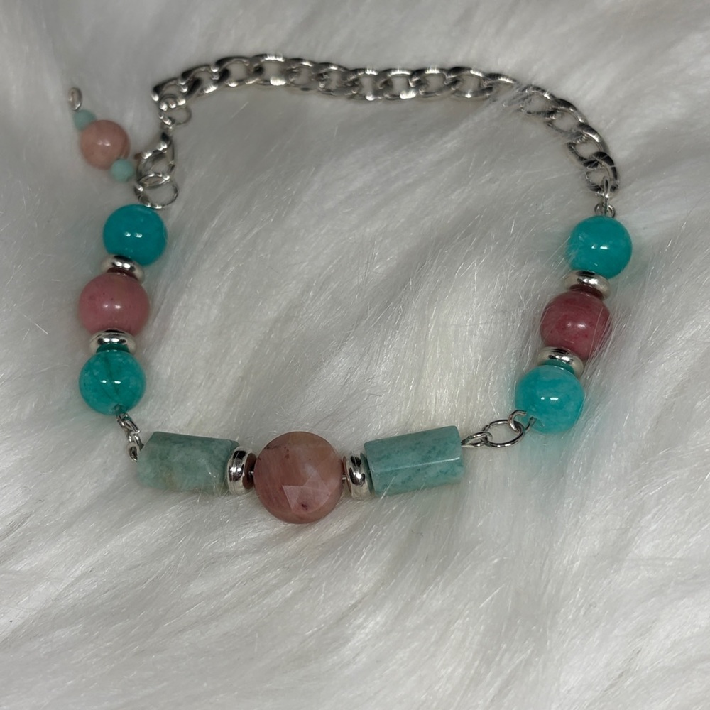 Rhodonite and Amazonite Stainless Steel Link Bracelet